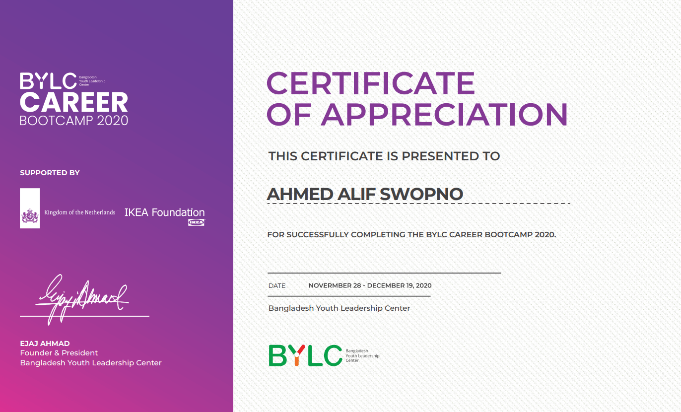 BYLC Career Bootcamp 2020 certificate