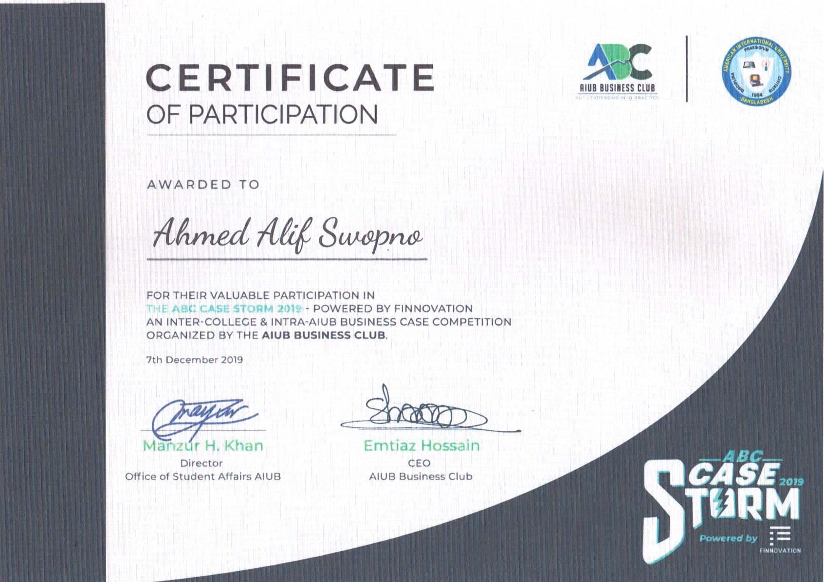 ABC Case Storm 2019 certificate of participation