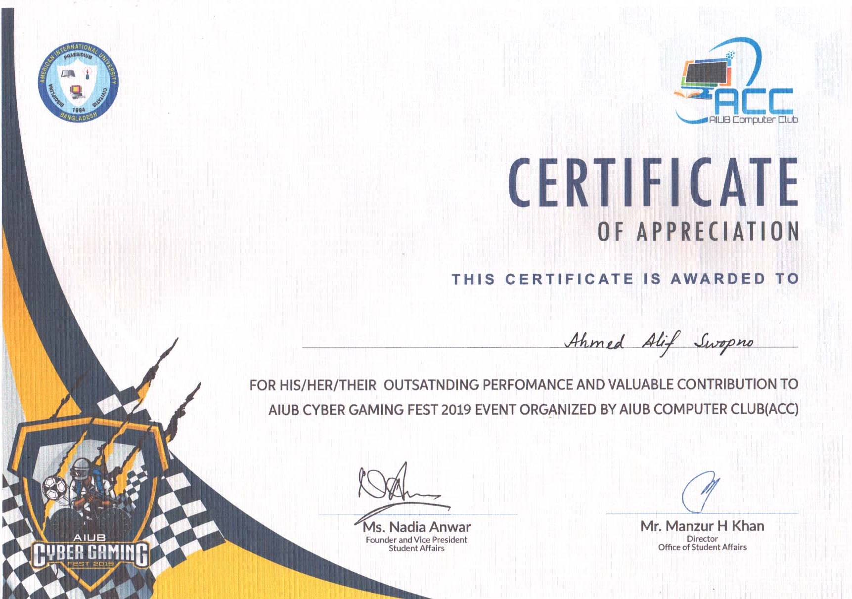 AIUB Cyber Gaming Fest 2019 certificate of appreciation