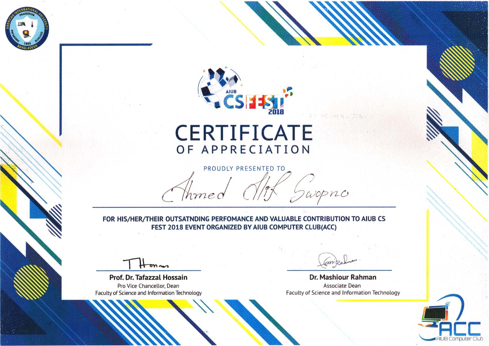 AIUB CS Fest 2018 certificate of appreciation
