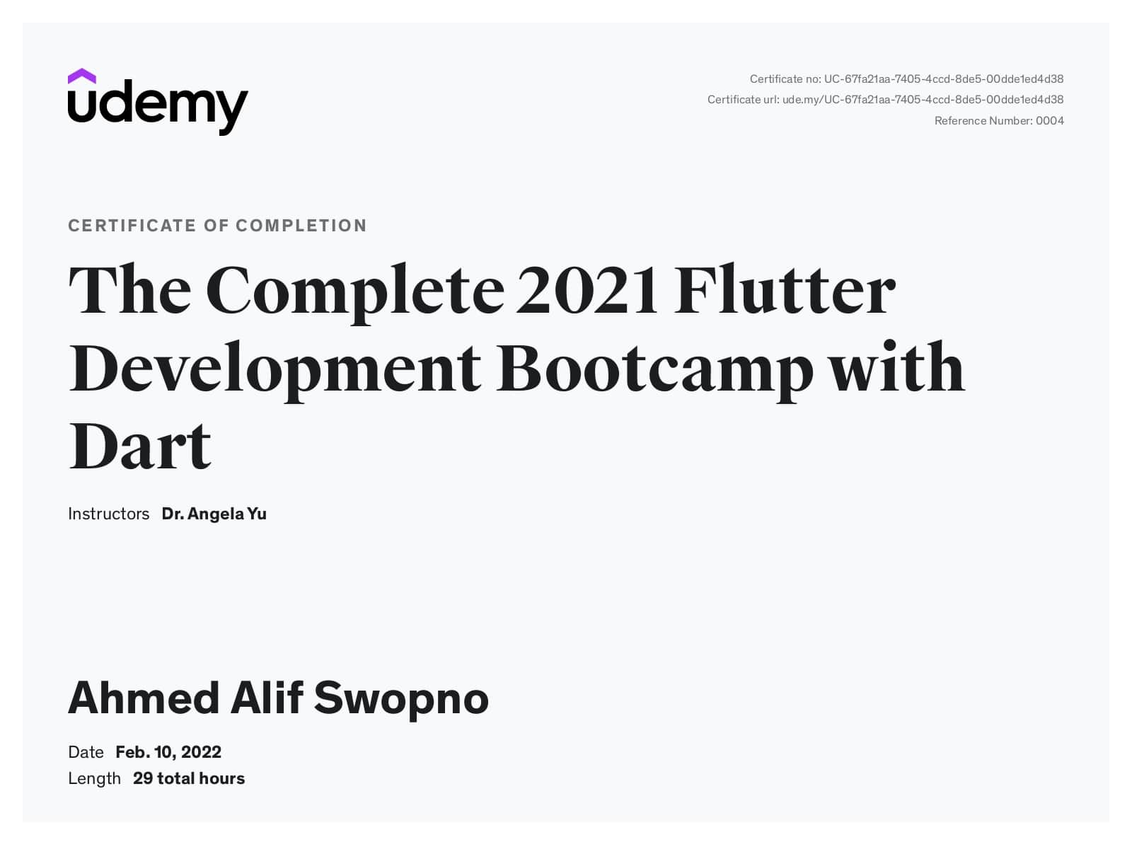 The Complete 2021 Flutter Development Bootcamp with Dart certificate