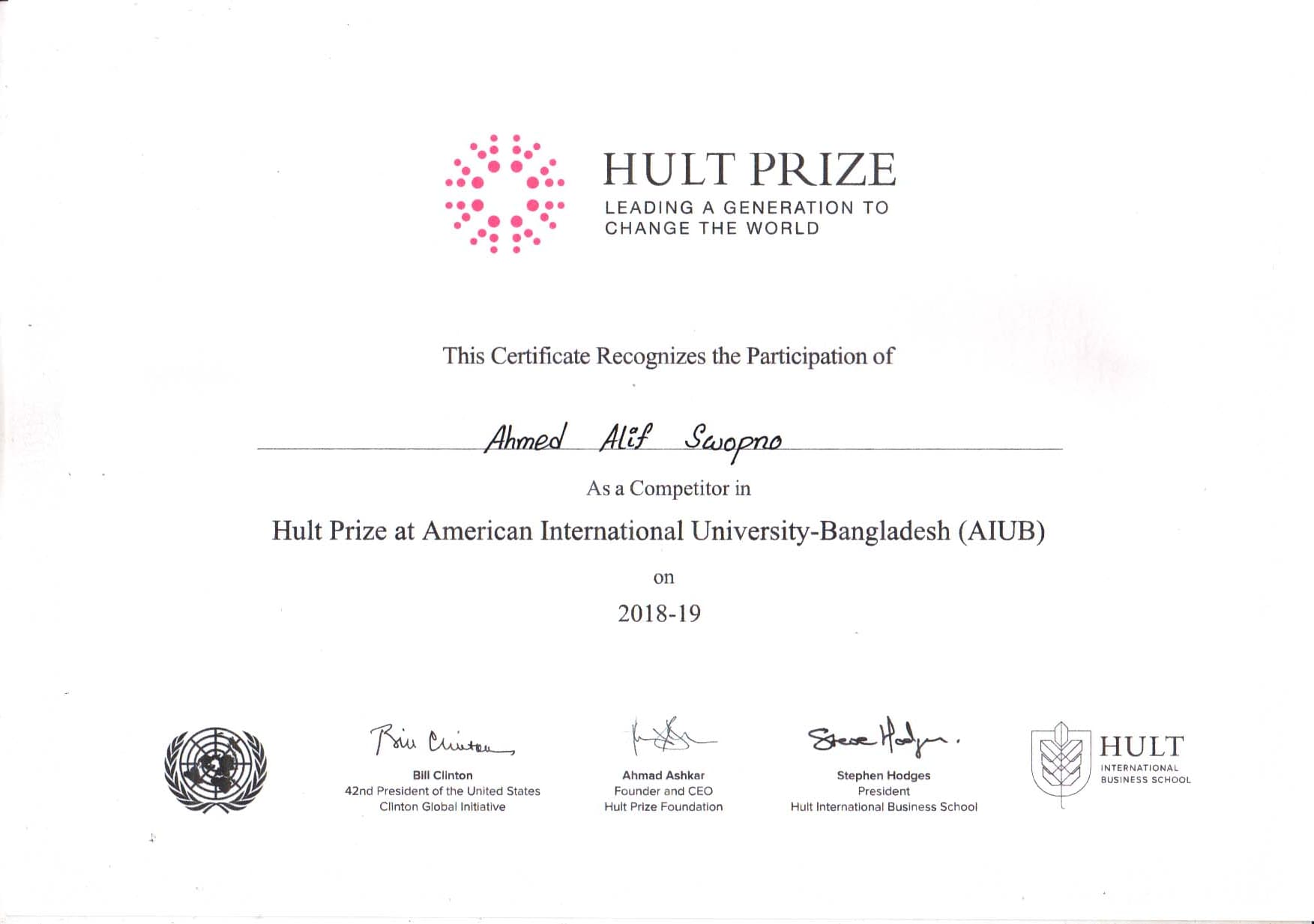 Hult Prize at AIUB competitor certificate