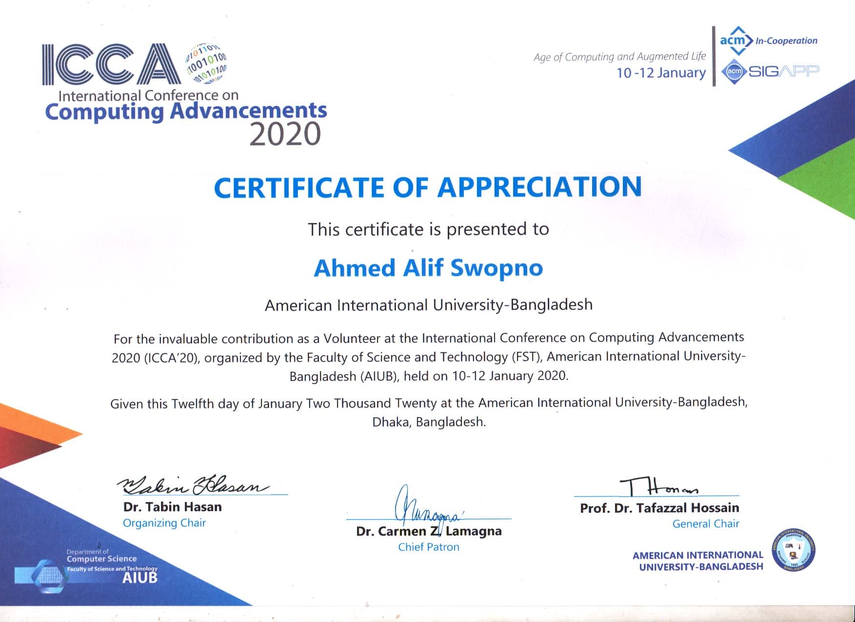 ICCA 2020 volunteer certificate of appreciation