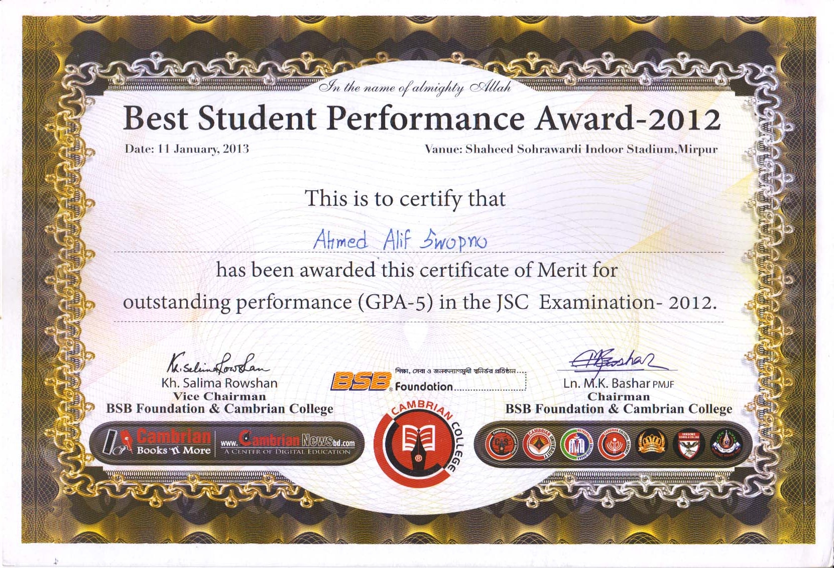Best Student Performance Award 2012 certificate