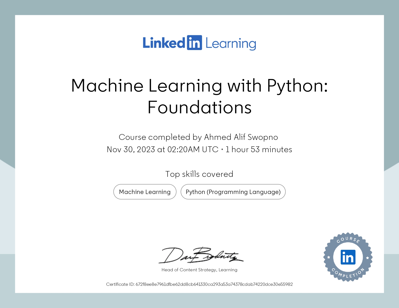 Machine Learning with Python: Foundations certificate
