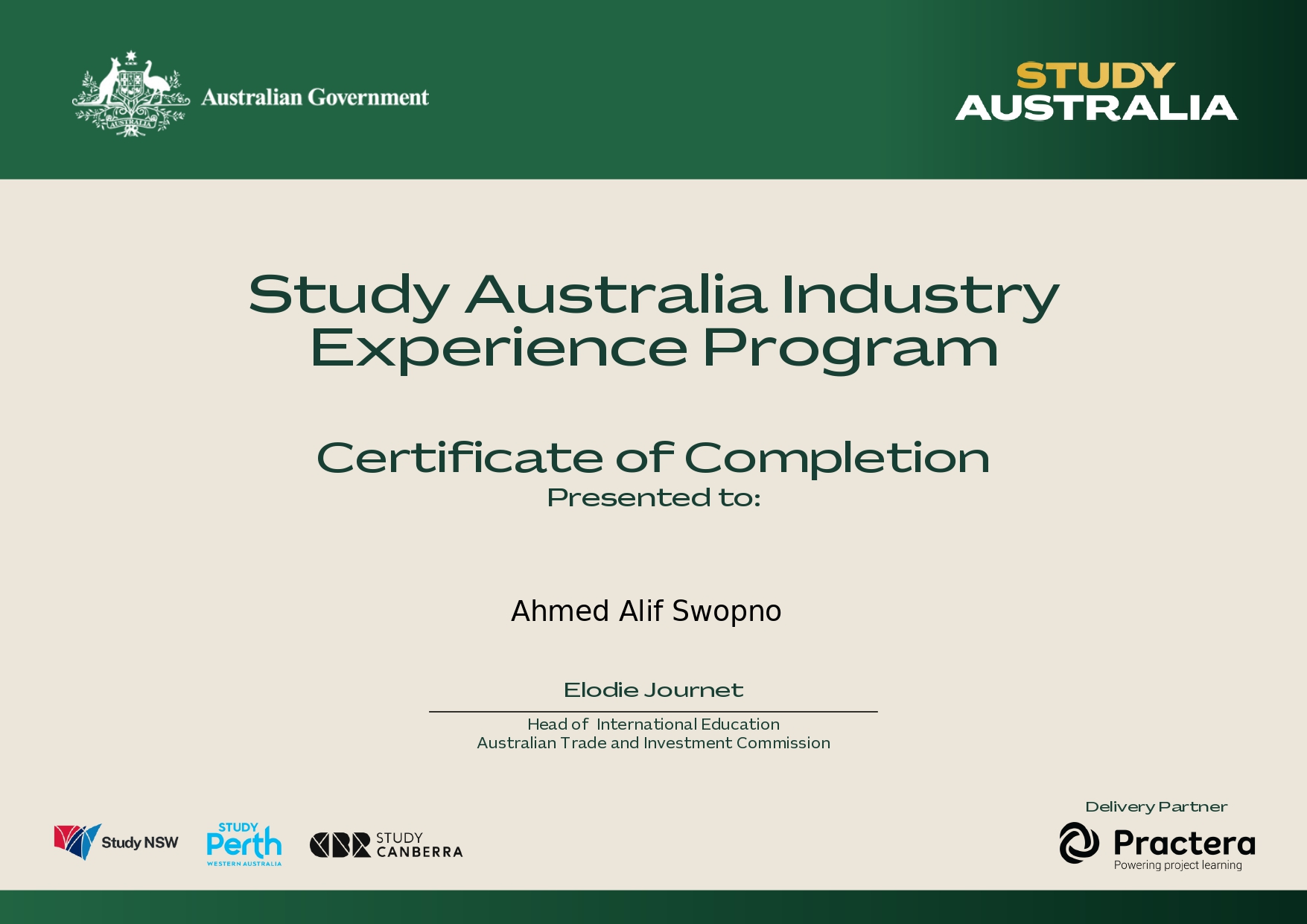 Study Australia Industry Experience Program certificate of completion