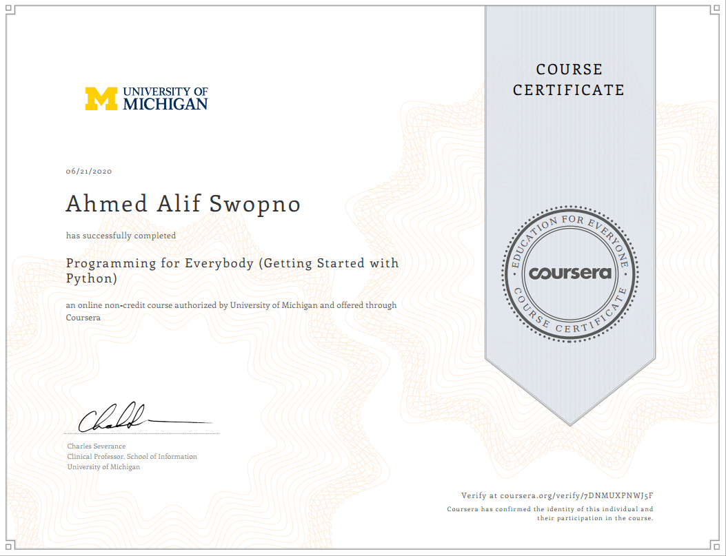 Programming for Everybody (Getting Started with Python) course certificate