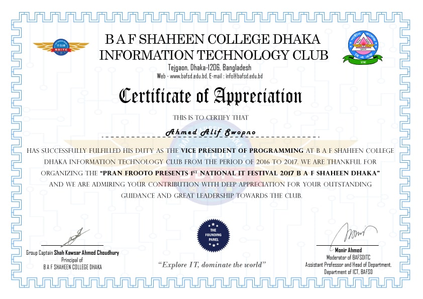 BAFSD IT Club Vice President of Programming certificate of appreciation