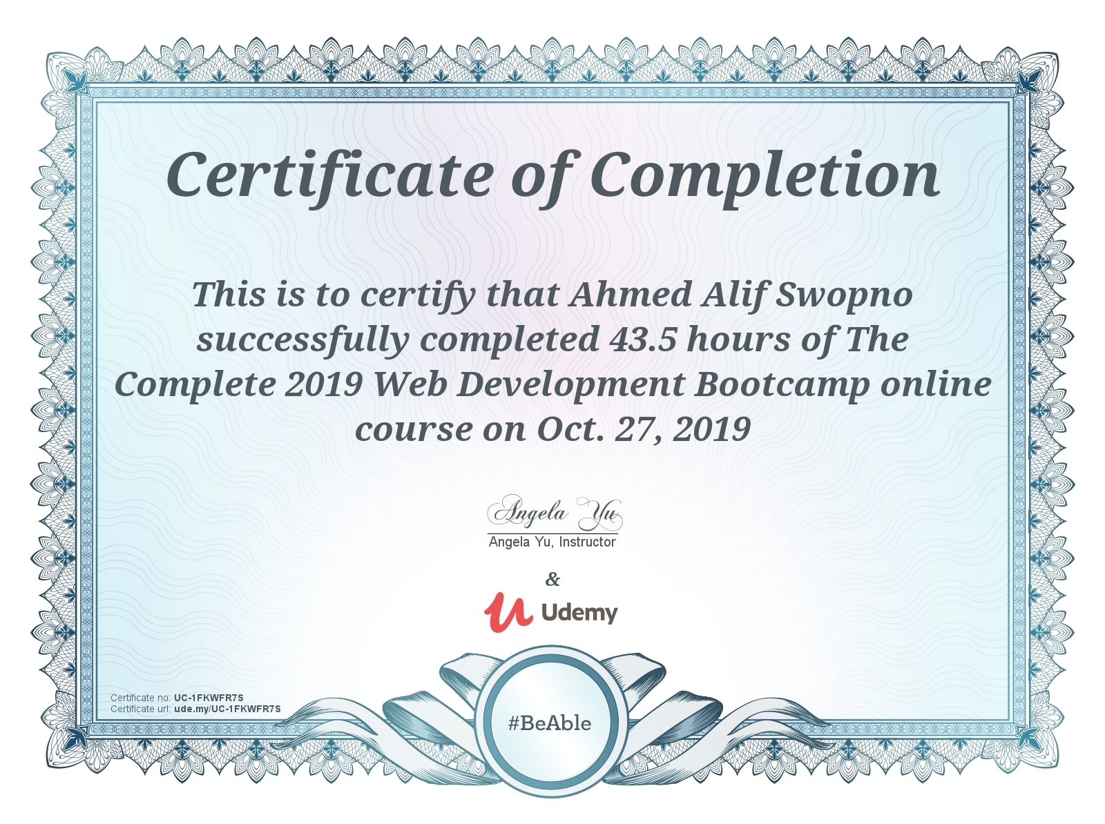 The Complete 2019 Web Development Bootcamp certificate